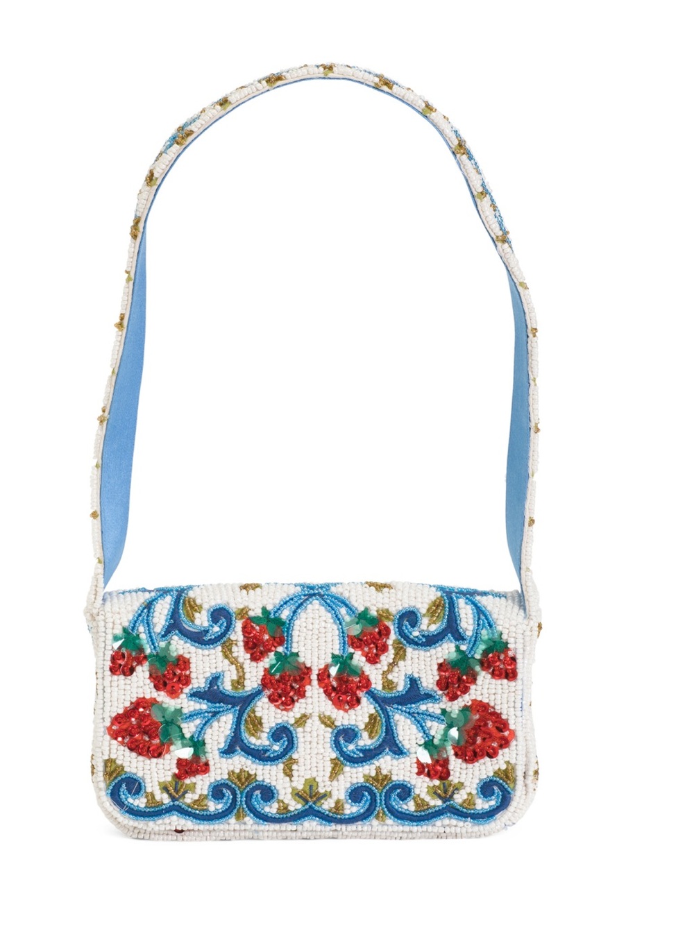 Beaded White Floral Crossbody Bag with Blue Accents